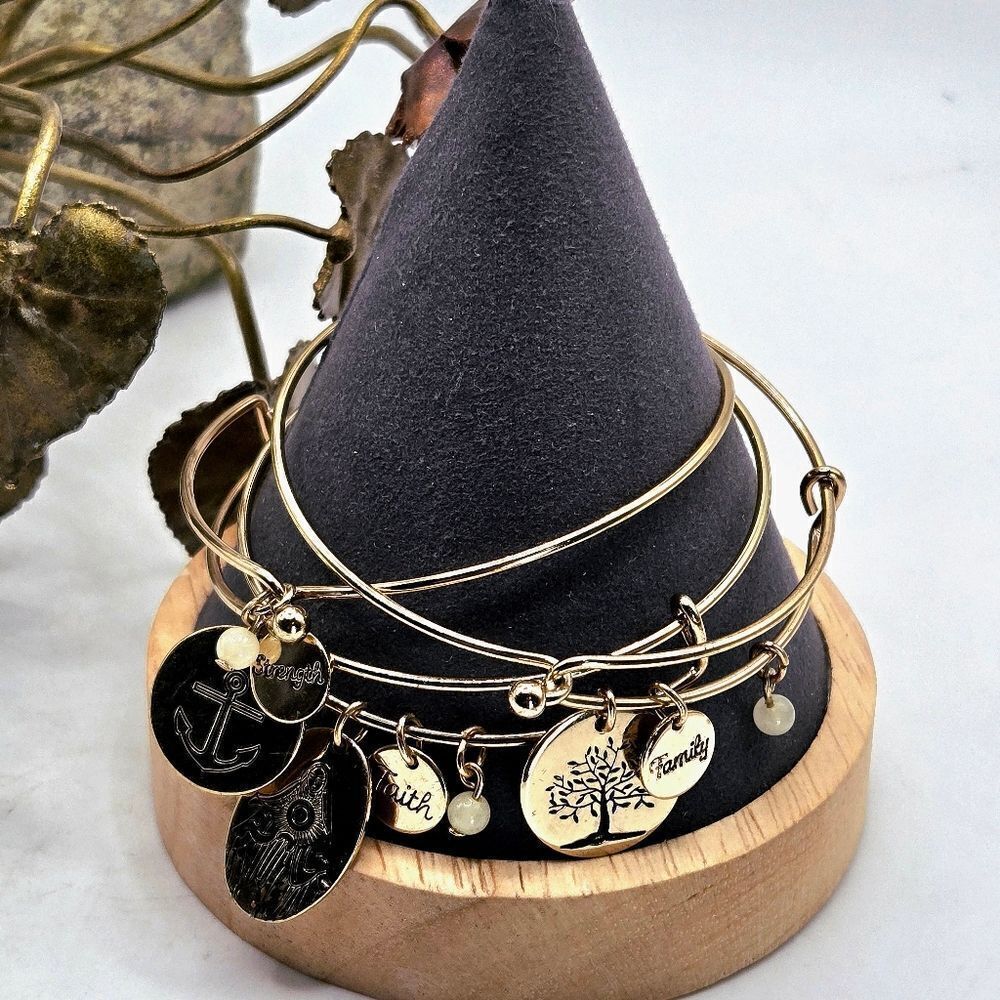 "5/$25" Set Of 3 Goldtone Inspirational Charm Bangle Bracelets